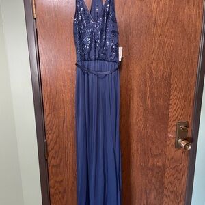 David's Bridal Navy Sequin V-Neck Maxi Dress